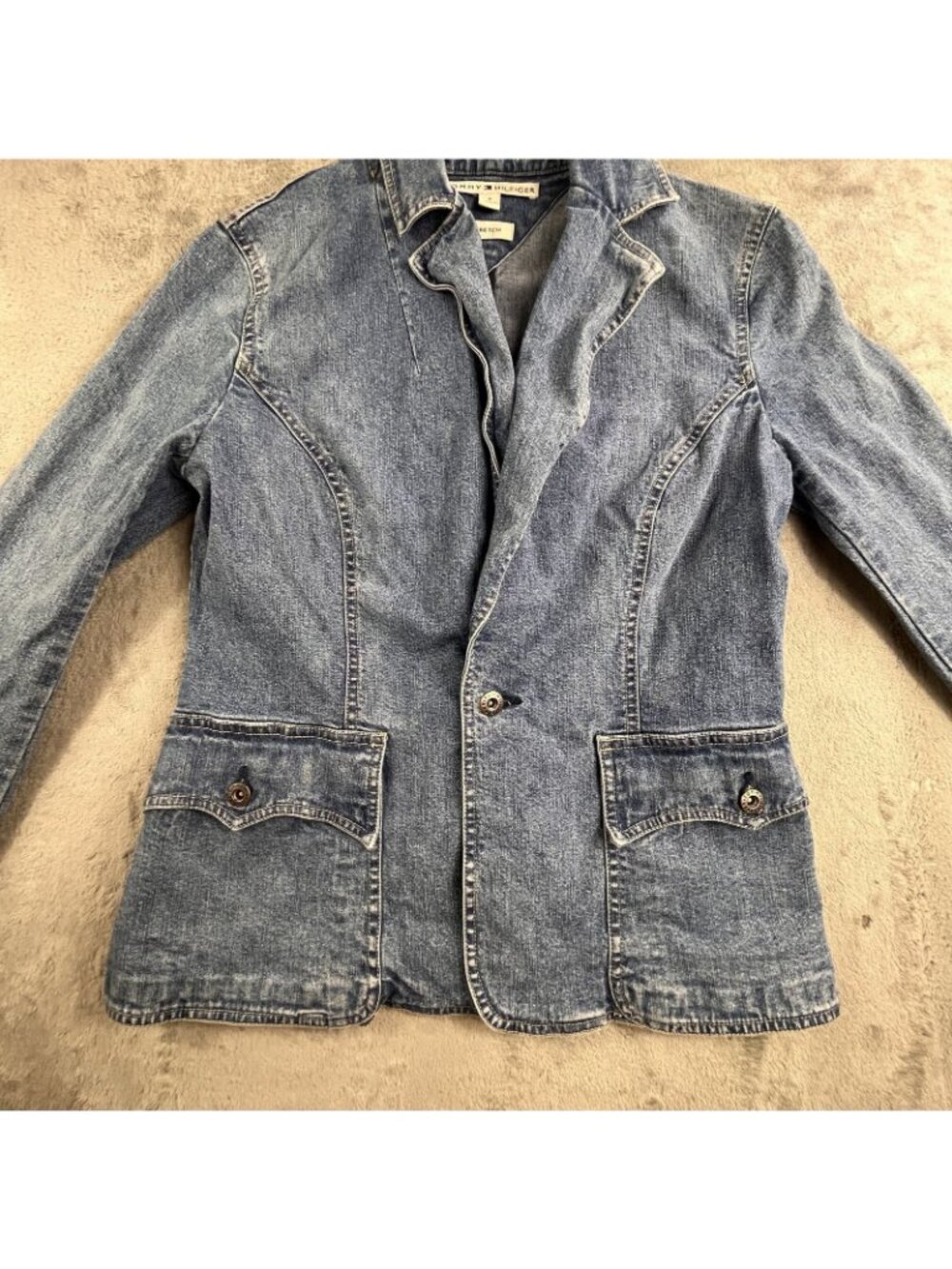 Vintage Tommy Hilfiger Denim Jean Jacket Women 4 Blue Stretch Y2K Button up - Picture 10 of 15